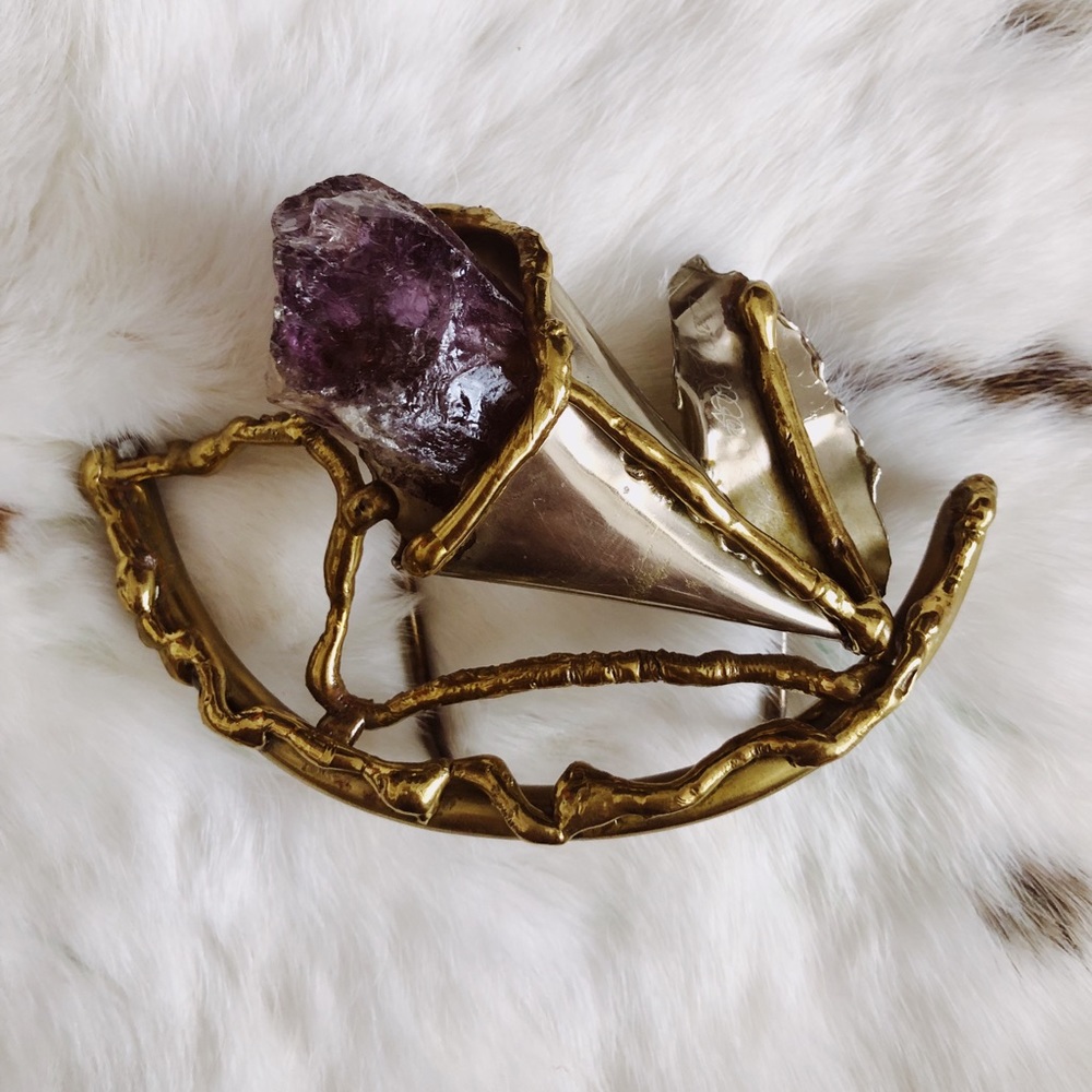 Vintage Rare 70s 80s Copa Collection Brutalist Brass Amethyst Belt Buckle